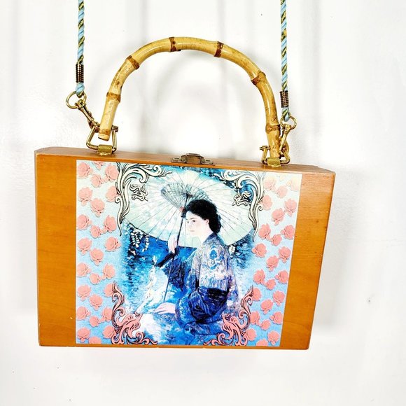 VIntage Parasol Painting Art Wooden‎ Vanity Crossbody Carry On Bag geisha 1909 - Picture 3 of 12
